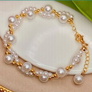 6 in, With 2 In Extender, Artificial Pearl Paw Bracelet, 14K Gold over Brass,NEW